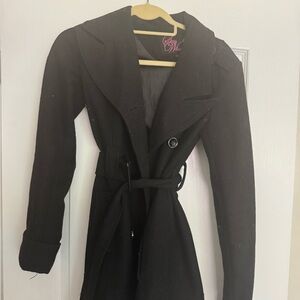 Say What? Black Trench Coat with Belted Waist and Lapel Collar